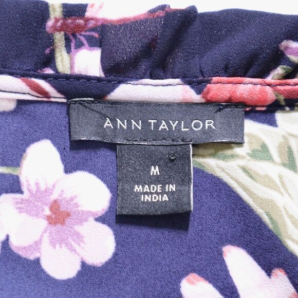 Ann Taylor Size M Lace Pleated Front Blouse Floral Print Navy Pink - Picture 10 of 11